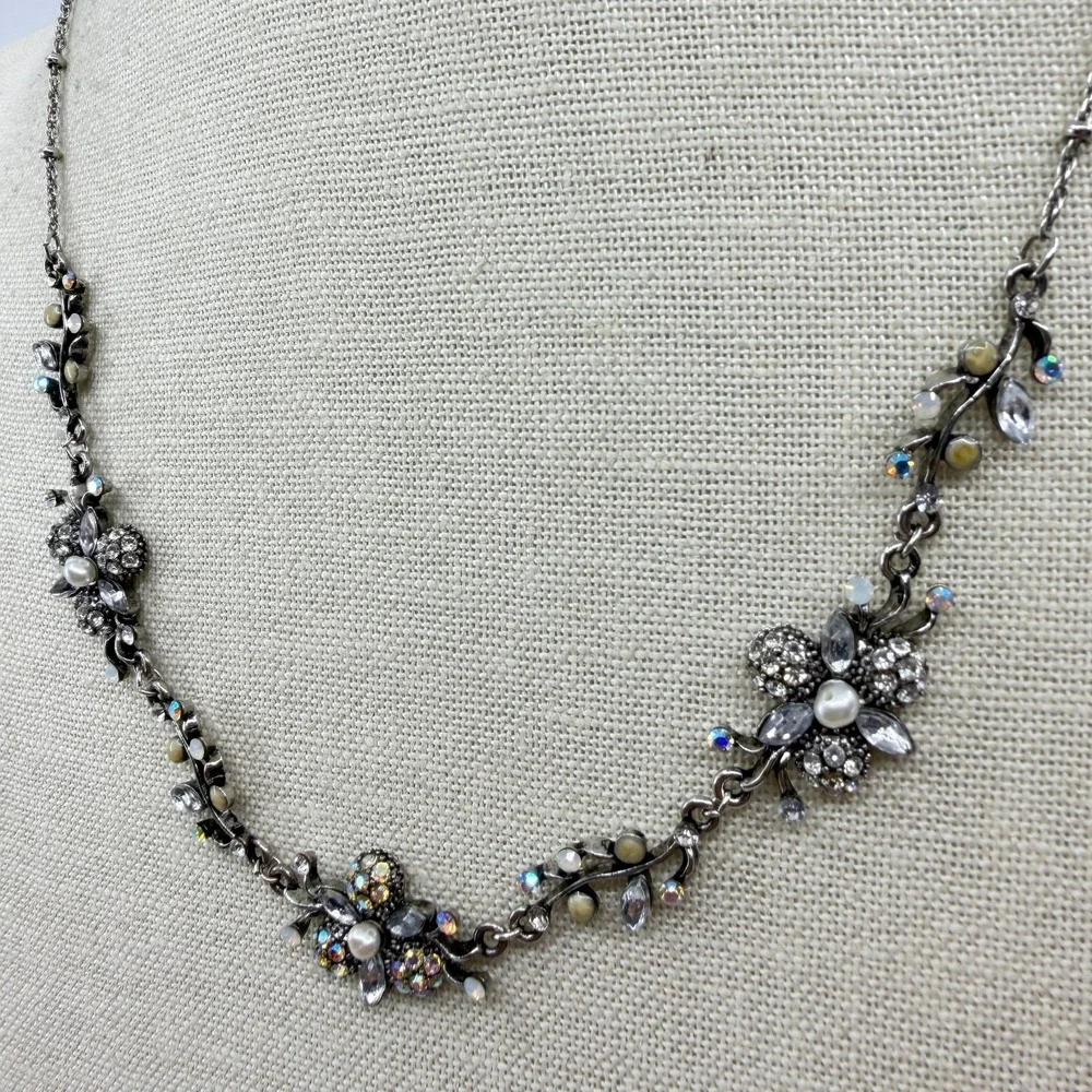 Gunmetal Floral Rhinestone Faux Pearl Necklace Cottagecore Statement Jewelry
